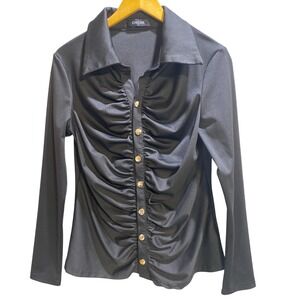 ChicMe Womens Black Ruched Front Button Up Long Sleeve Shirt Gold Buttons XL